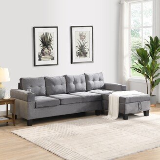 NINEDIN L-shaped 4 Seater Couch Set Fabric Sectional Sofa Set for Living Room with Cupholder & Right Storage Chaise Sofa