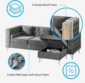 Mixoy Convertible Sectional 3 Seaters Sofa, Velvet Upholstered L Shape Sofa with Cushions,Ottoman