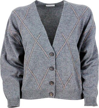 Cardigan Sweater Made Of Precious And Refined Wool, Silk And Cashmere With Diamond Pattern Embellished With Rows Of Brilliant Monili