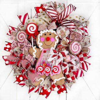 Gingerbread Sweet Shop Christmas Wreath, Candy, Lollipops, Peppermint Chocolate Marshmallow, Pink Cake Pop, All Handmade