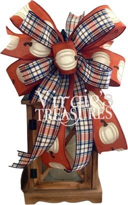 Fall Lantern Bow, Wreath Orange & Navy Plaid Farmhouse Bow For