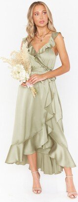 Samantha Ruffle Wrap Dress ~ Moss Green Luxe Satin