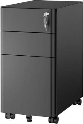 Mount-It! Mobile File Pedestal Cabinet with 3 Drawers & Lock | Slim Design Under Desk Storage & Organizer for Files, Folders & Office Supplies | Black