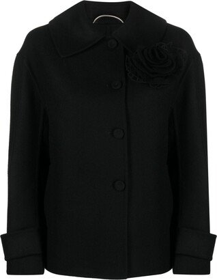 Floral-Appliqué Single-Breasted Wool Coat