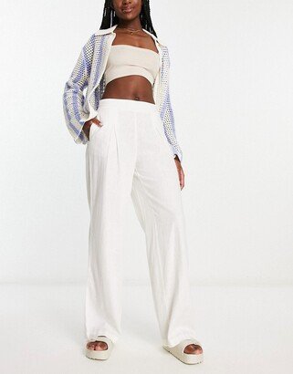 linen touch soft tailored wide leg pants in white