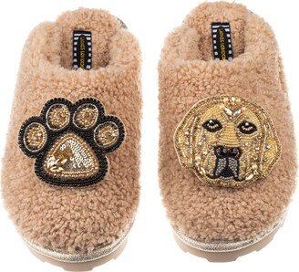 Laines London Teddy Towelling Closed Toe Slippers With Skip & Paw Brooch - Toffee