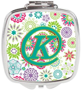 CJ2011-KSCM Letter K Flowers Pink Teal Green Initial Compact Mirror