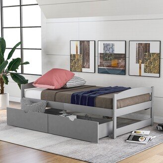 EDWINRAY Twin Size Platform Bed with 2 Drawers, Solid Wood Daybed Frame w/Wood Slats Support for Dorm Bedroom, No Box Spring Needed, Grey