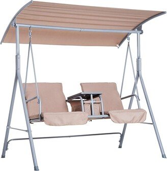2 Person Water-Resistant Covered Patio Swing with Center Pivot Table & Underneath Storage Console, Beige