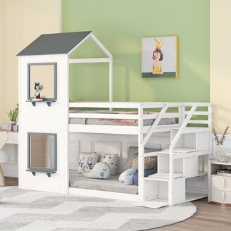 NINEDIN Twin Over Twin Bunk Bed with Storage Stairs,Wood Bedframe with Roof, Window, Guardrail, Ladder for Kids/Teens,Space Saving