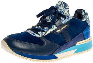 Blue/White Majolica Print Leather And Pony Hair Platform Sneakers Size 38.5