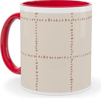 Mugs: Soul Garden Cuadricula Playa- Beige Ceramic Mug, Red, 11Oz, Beige