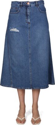 Denim Logo Embroidery Midi Skirt