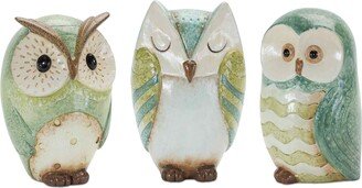 Set of 3 Green and Blue Owl Tabletop Figurines 7.25