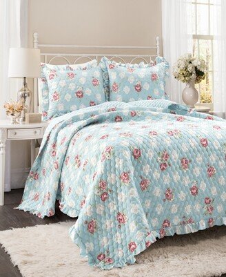 Cottage Core Floral Ruffle Reversible Oversized 3-Piece Quilt Set, Full/Queen