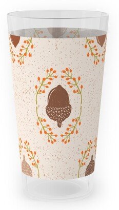 Outdoor Pint Glasses: Autumn Acorn Rosehip Textured Damask Outdoor Pint Glass, Beige