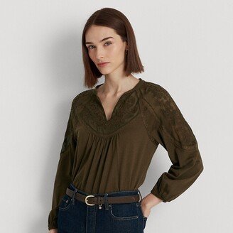 Ralph Lauren Embroidered Jersey Blouson-Sleeve Top