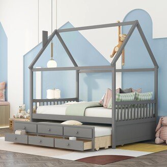 Calnod Full Size House Shaped Canopy Bed with Twin Size Trundle and 3 Storage Drawers - Solid Wood Slats Support