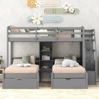 IGEMAN Twin over Twin&Twin Bunk Bed, Triple Bunk Bed with Drawers, Staircase with Storage, Built-in Shelves, Gray