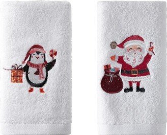 Kate Aurora 2 Piece Christmas Penguin & Santa Claus Embroidered Cotton Hand Towel Set