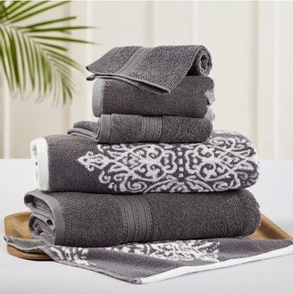 Modern Threads 6 Piece Reversible Yarn Dyed Jacquard Towel Set, Artesia Damask, Platinum