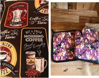 Coffee Themed Insulated/Quilted Pot Holder & Oven Mitt Set/Individual, Made To Order