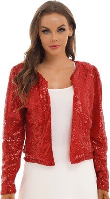 Freebily Womens Glitter Sequins Long Sleeve Blazers Bolero Shrugs Cropped Jackets Red A 3XL