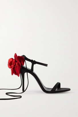 Appliquéd Lace-up Satin Sandals - Black