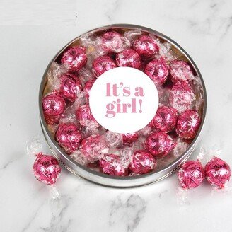 Just Candy It's a Girl Baby Shower Candy Gift Tin with Chocolate Pink Lindor Truffles by Lindt Large Plastic Tin with Sticker