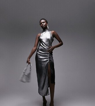 metallic halter neck midi dress with ruched side in silver