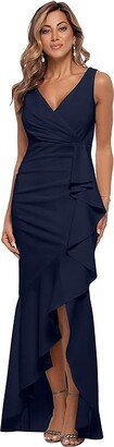 Long Crepe V-Neck Dress with High-Low Skirt (Navy) Women's Clothing