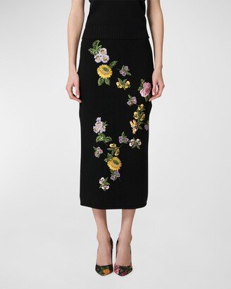 Floral Embroidered Cashmere Knit Midi Skirt