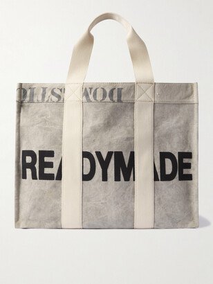 Logo-Print Webbing-Trimmed Distressed Waxed Cotton-Canvas Tote Bag