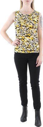 Petites Womens Printed Stretch Round Collar Pullover Top