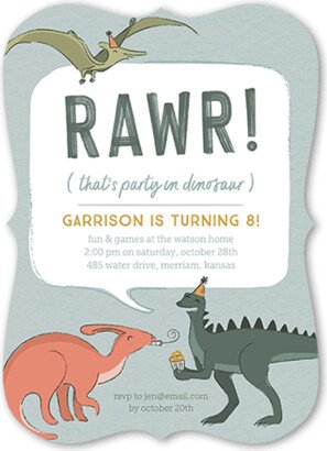 Boy Birthday Invitations: Dynomite Dinos Birthday Invitation, Green, 5X7, Pearl Shimmer Cardstock, Bracket