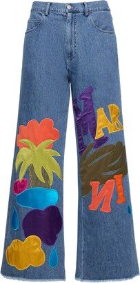 Printed cotton denim wide leg pants