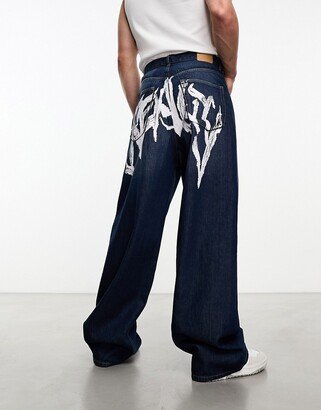 Astro loose fit wide leg jeans with graphic print in archaic blue