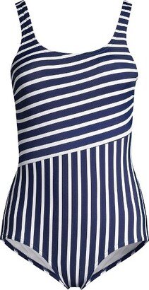 Women's DD-Cup Chlorine Resistant Tugless One Piece Swimsuit Soft Cup Print - 18 - Deep Sea/White Media Stripe