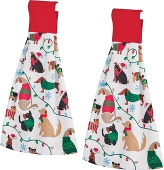 Collections Etc 2-Piece Holiday Dogs Hanging Cotton Kitchen Towels