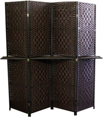 Wood and Paper Straw Textured 4 Panel Screen with Shelf, Brown