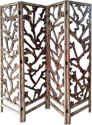 4 Panel Wooden Screen with Mulberry Alpine Like Branches Design - Brown - 84 H x 6 W x 80 L Inches