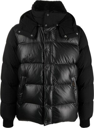 Leather-Panels Hooded Padded Jacket