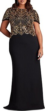 Plus Short Sleeve Beaded Crepe Gown