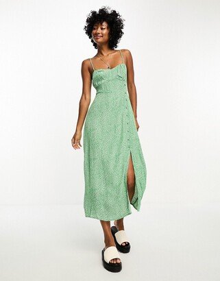 button down side midi dress in green micro leo print