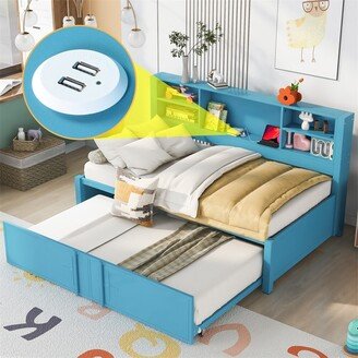 Twin Size Daybed with Twin Size Trundle, Storage Shelves and USB Ports