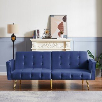 GEROJO Velvet Button Tufted Futon Sofa Bed with Gold Metal Legs and Adjustable Backrest, Sinuous Spring and Foam Construction