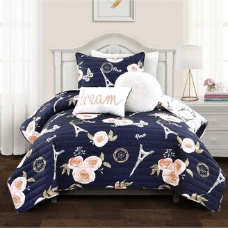 Vintage-Like Paris Rose Butterfly Script 4 Piece Quilt Set, Twin/Twin Xl