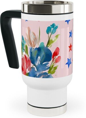 Travel Mugs: 4Th Of July Florals - Pink Travel Mug With Handle, 17Oz, Pink