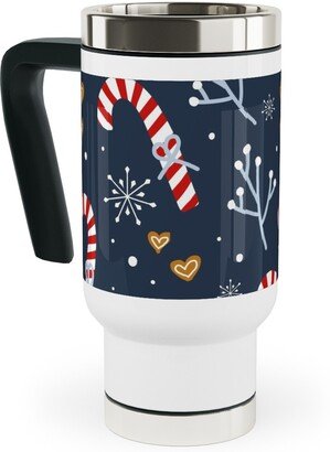 Travel Mugs: Candy Canes And Gingerbread Hearts Travel Mug With Handle, 17Oz, Blue