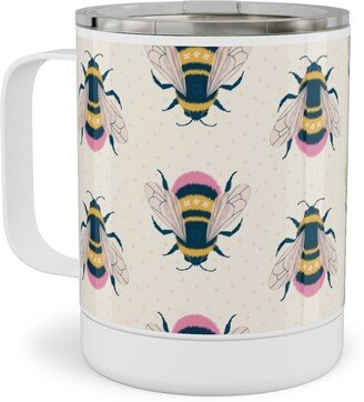 Travel Mugs: Bumblebee - Pink On Cream Stainless Steel Mug, 10Oz, Beige